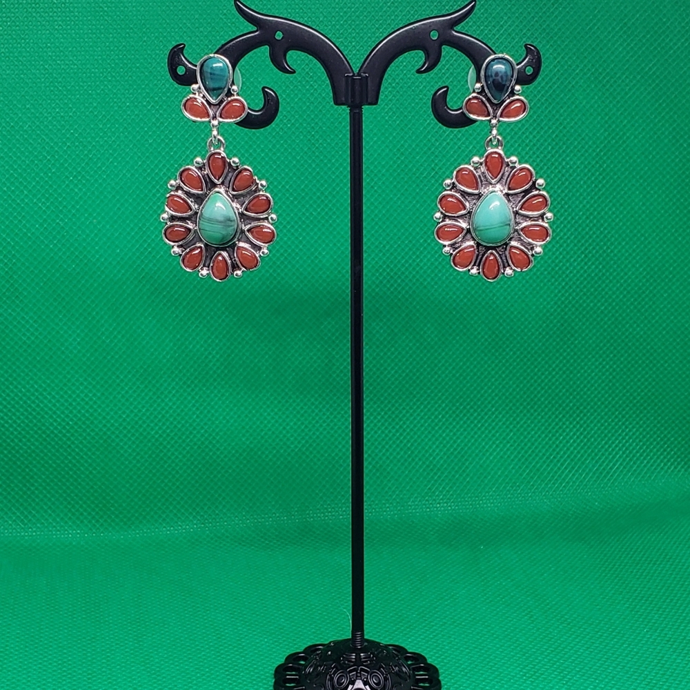 One Pair of Silvery Earrings inlaid with multi- color Gemstones